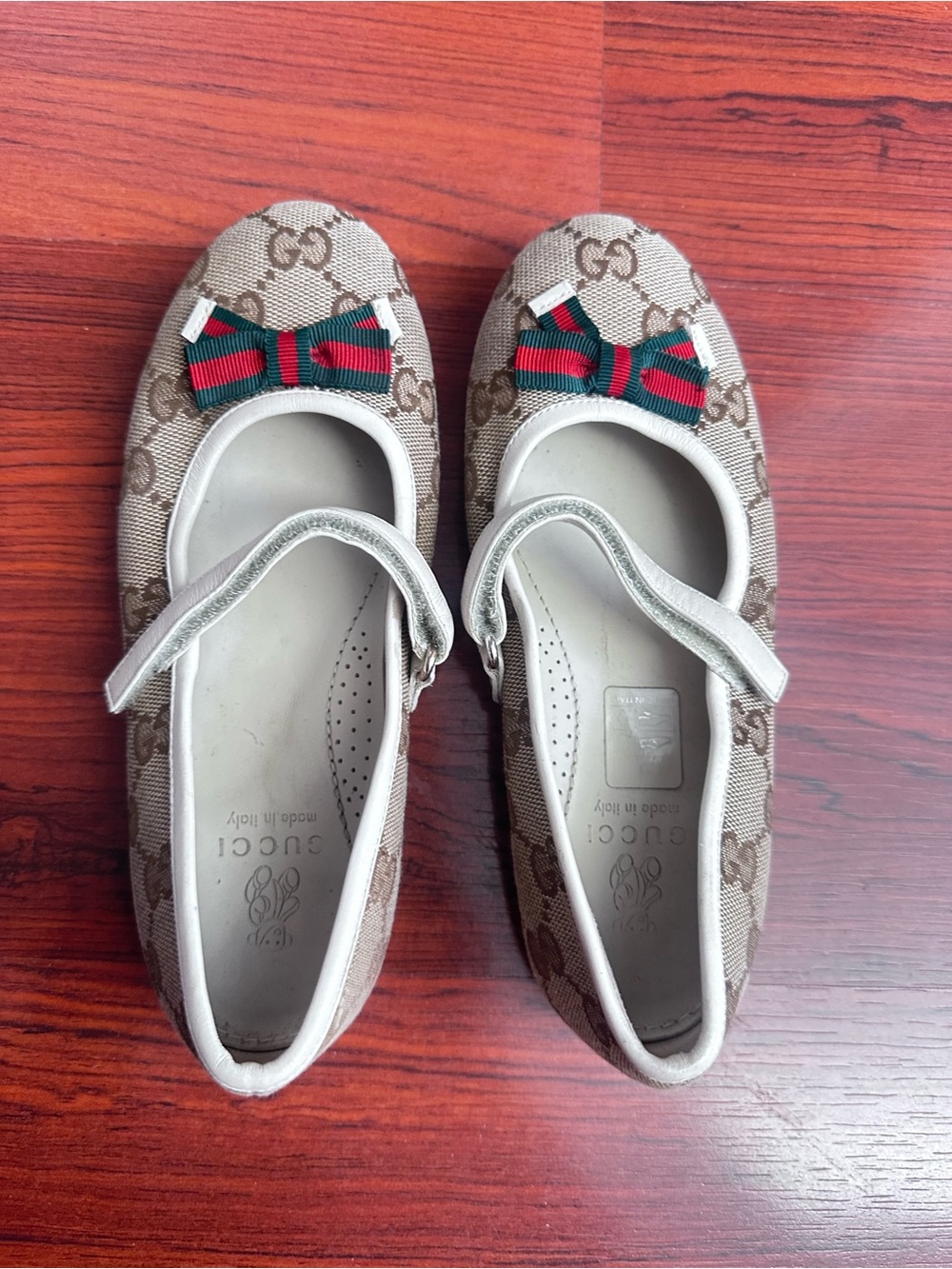 Gucci Beige GG Canvas Mary Jane Flats with Green and Red Bow